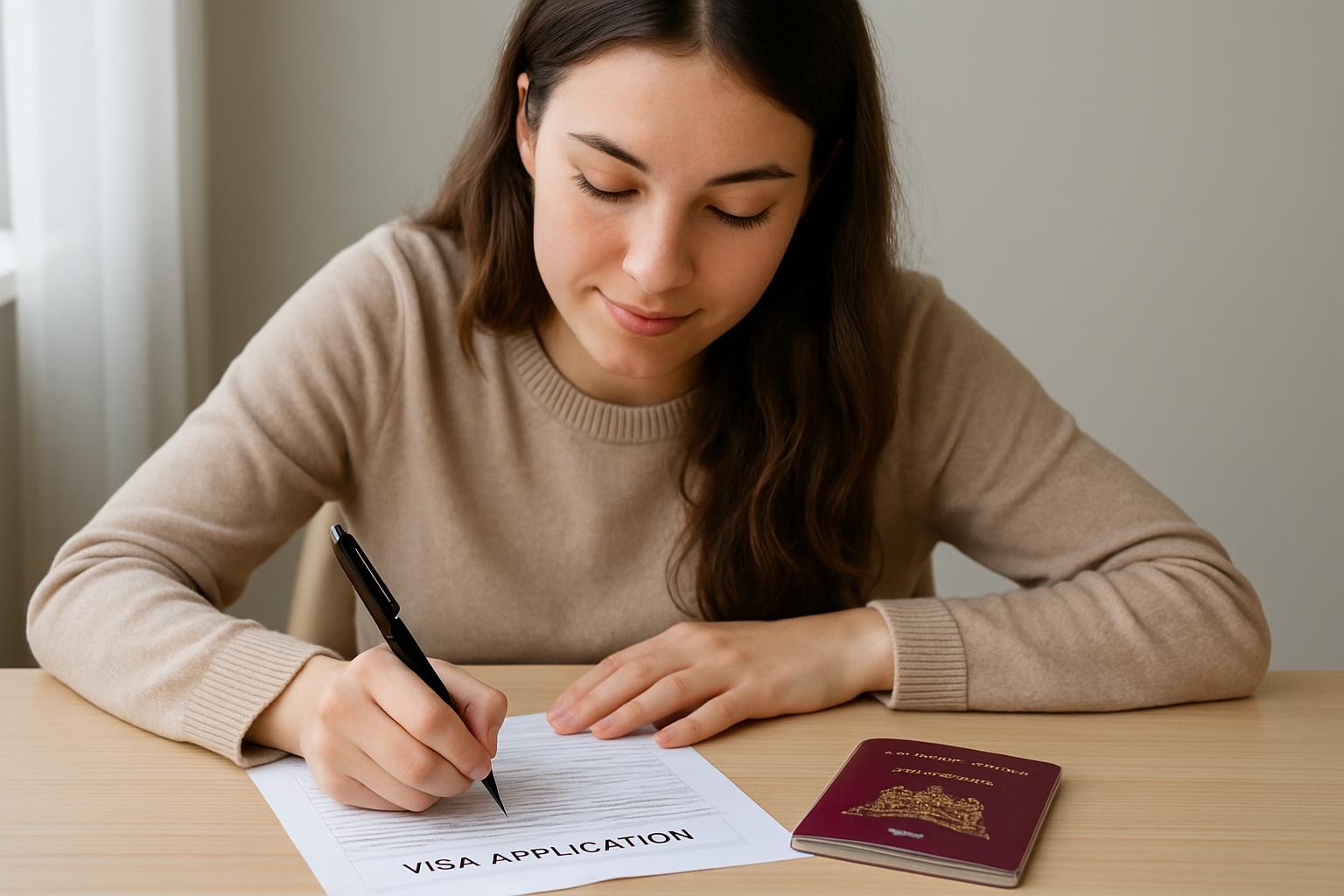 Een vrouw die een aanvraag voor visum keuring aan het invullen is.