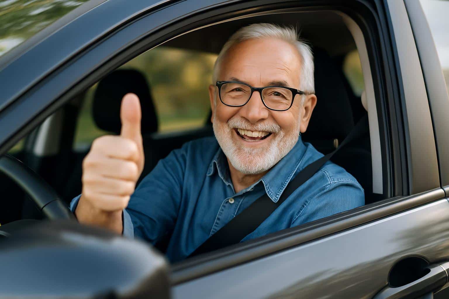 Een oudere man in zijn auto na een rijbewijskeuring in Vlissingen.