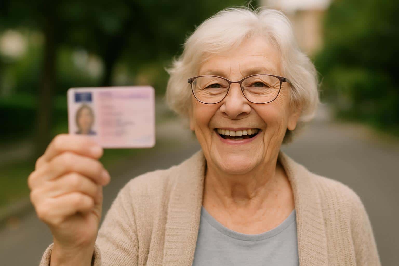 Oudere vrouw met haar rijbewijs na een rijbewijskeuring in middelburg