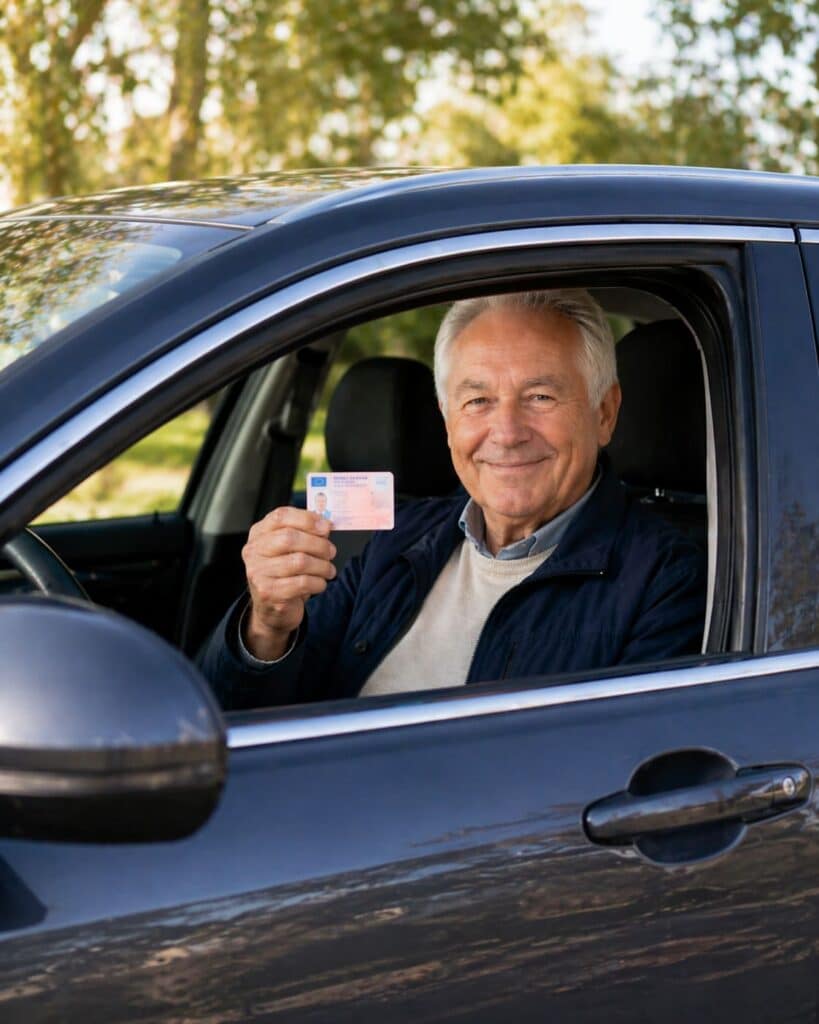 Man in zijn auto met zijn rijbewijs