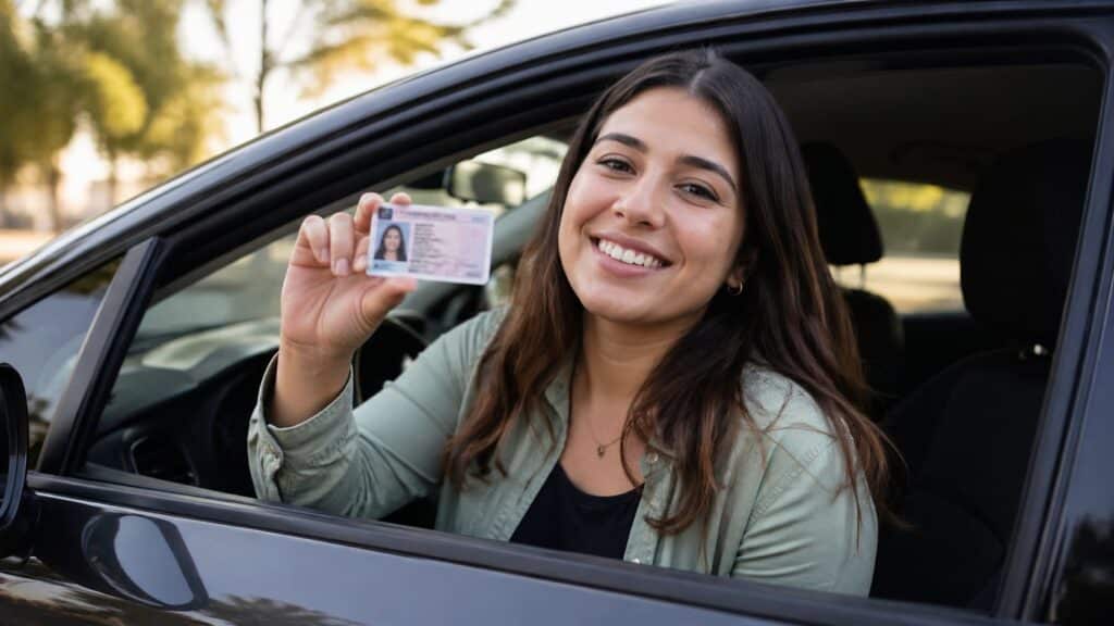 Vrouw in de auto na haar medische rijbewijskeuring